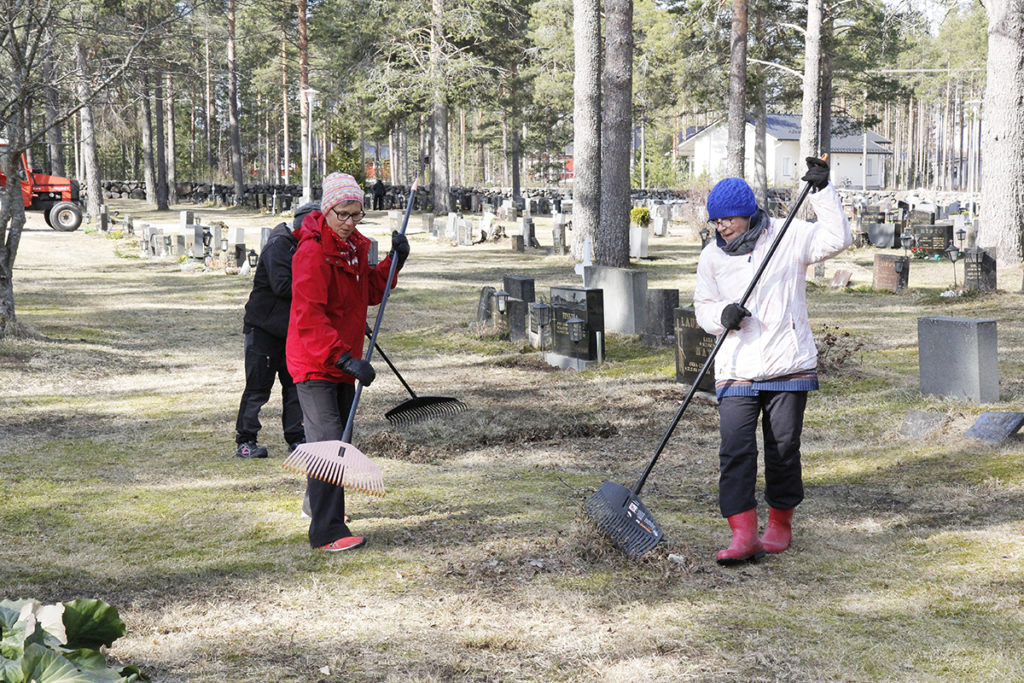 Eila Rautio ja Sinikka Säikkälä haravoivat Lumijoen hautausmaata.